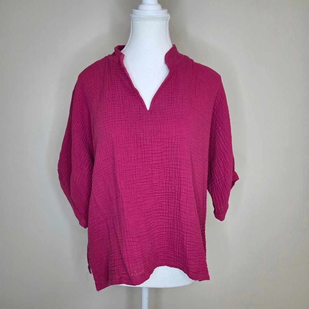 Lisa Bayne Womens Large Magenta Pink Cotton Gauze Split Neck Blouse Top USA Made